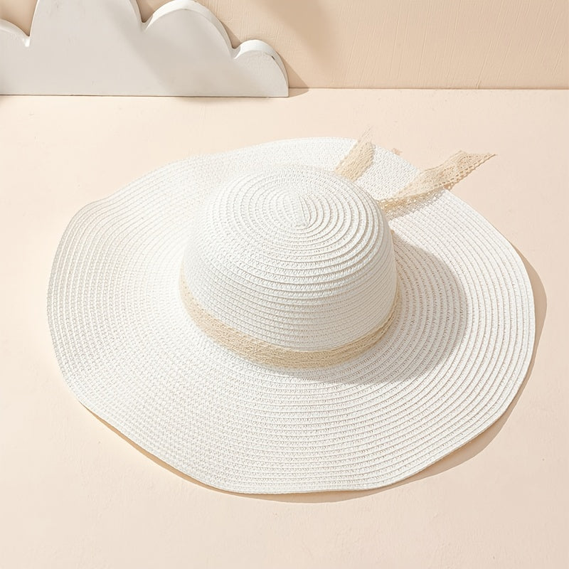 Lace Bow Straw Hat Big Brim Holiday Sun Hat For Women Girls