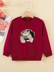 Cute Kitty Graphic Sweatshirt for Girls Round Neck Casual Pullover Tops