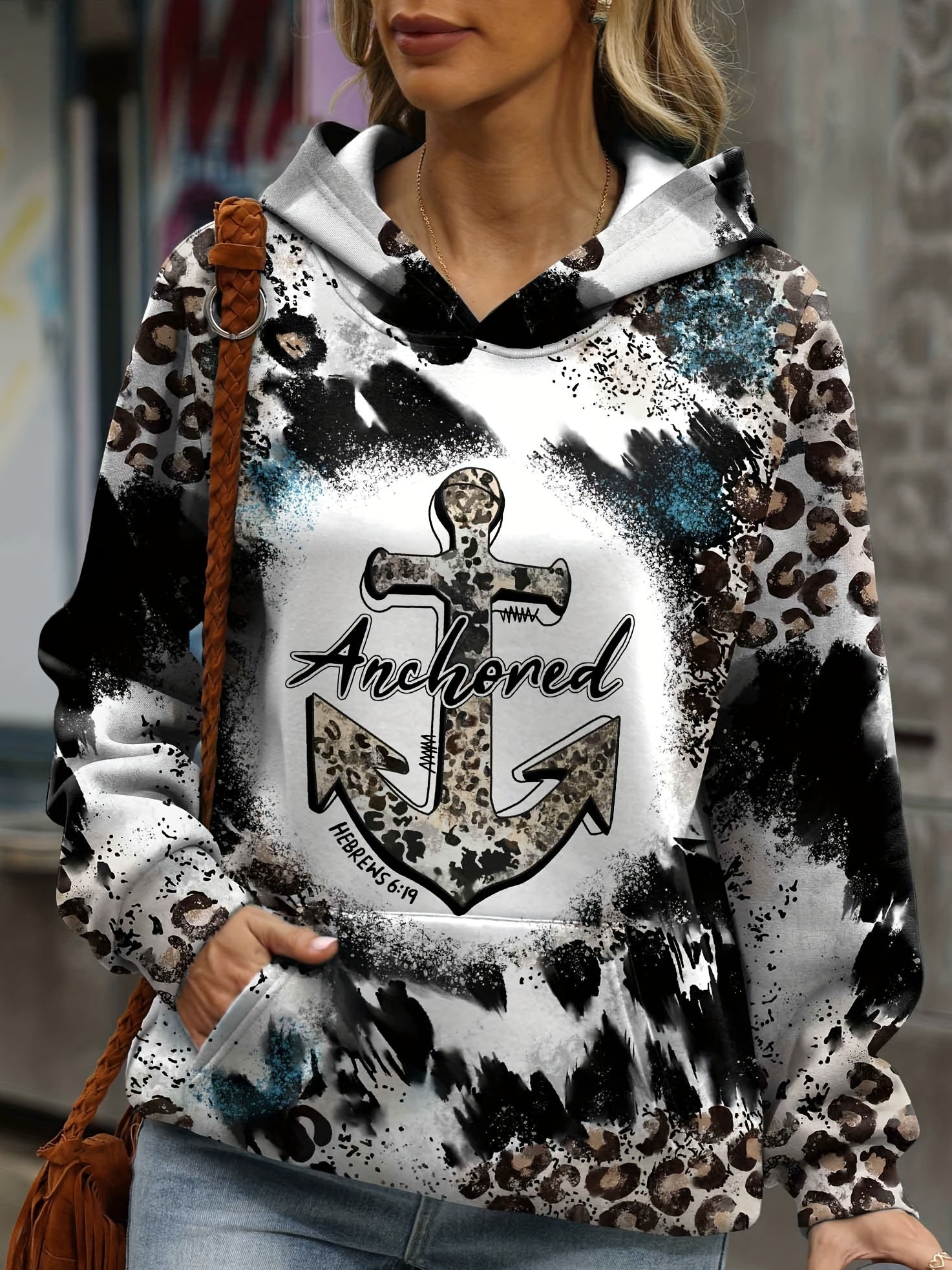 Anchor & Leopard Print Hoodie Casual Long Sleeve Sweatshirt