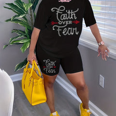 Rhinestone Letter Tee & Stretchy Shorts 2pcs Set