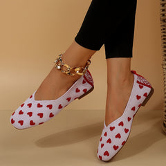 Women's Heart Pattern Flats Square Toe Knitted Slip On Shoes