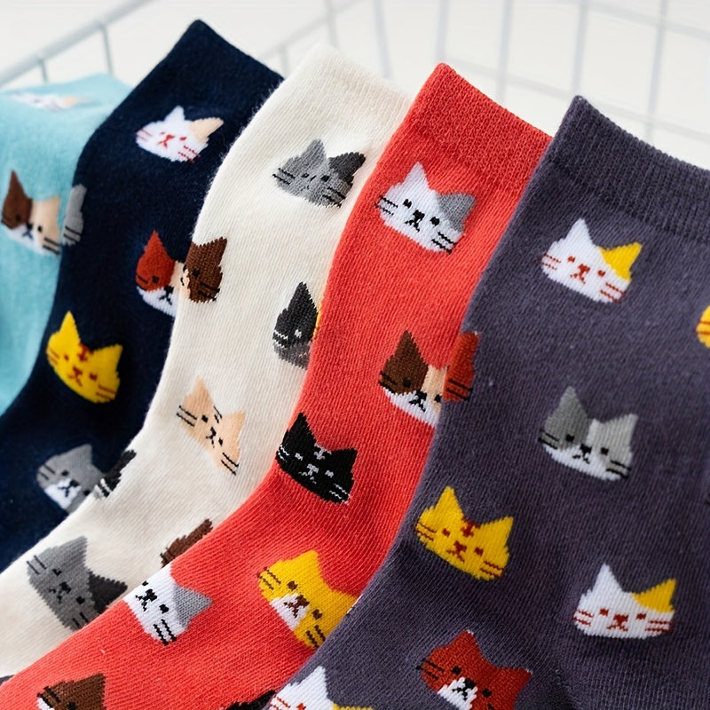 5 Pairs Cat Print Socks - Comfy & Breathable Women's Mid Tube Stockings