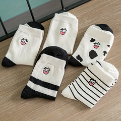 10 Pairs Cartoon Cow Print Socks Comfy & Striped Crew Socks