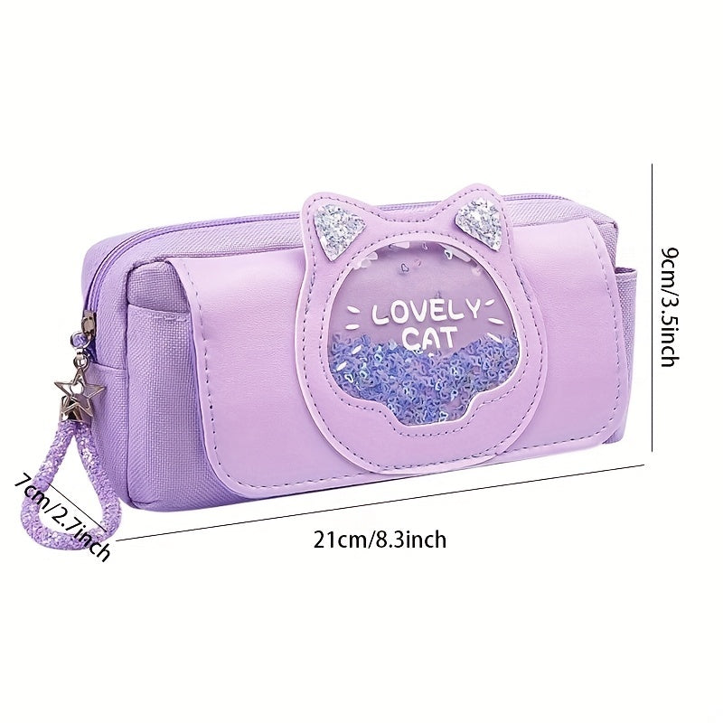 Purple Pencil Case Large Capacity Cat Head Pencil Bag for Girls Student