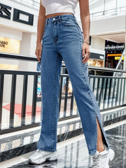 High Waist Split Side Straight Jeans