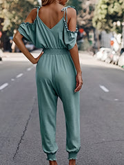 Shirred Waist Cold Shoulder Jumpsuit Casual V neck Jumpsuit Spring & Summer