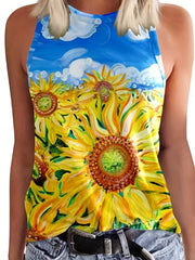 Graphic Print Tank Top Round Neck Casual Sleeveless Stretch