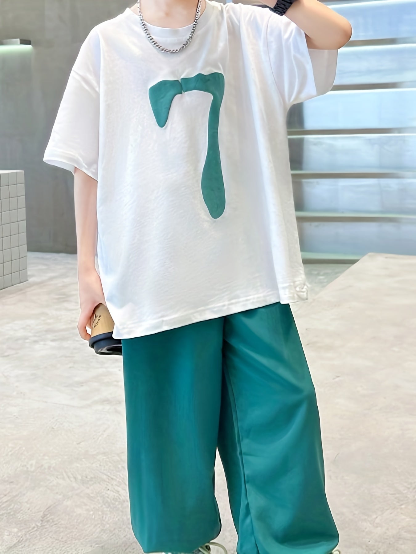 Boy's 2pcs T shirt & Pants Set Number 7 Print Short Sleeve Top Clash Casual Outf