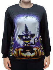 Halloween Sports Top Women's Plus Cat & Pumpkin Print Long Sleeve