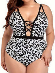 Leopard Print Crisscross Deep V Neck One Piece Bathing Suit