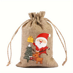 6pcs Christmas Linen Flax Bag Santa Claus Patterns Drawstring Pouch