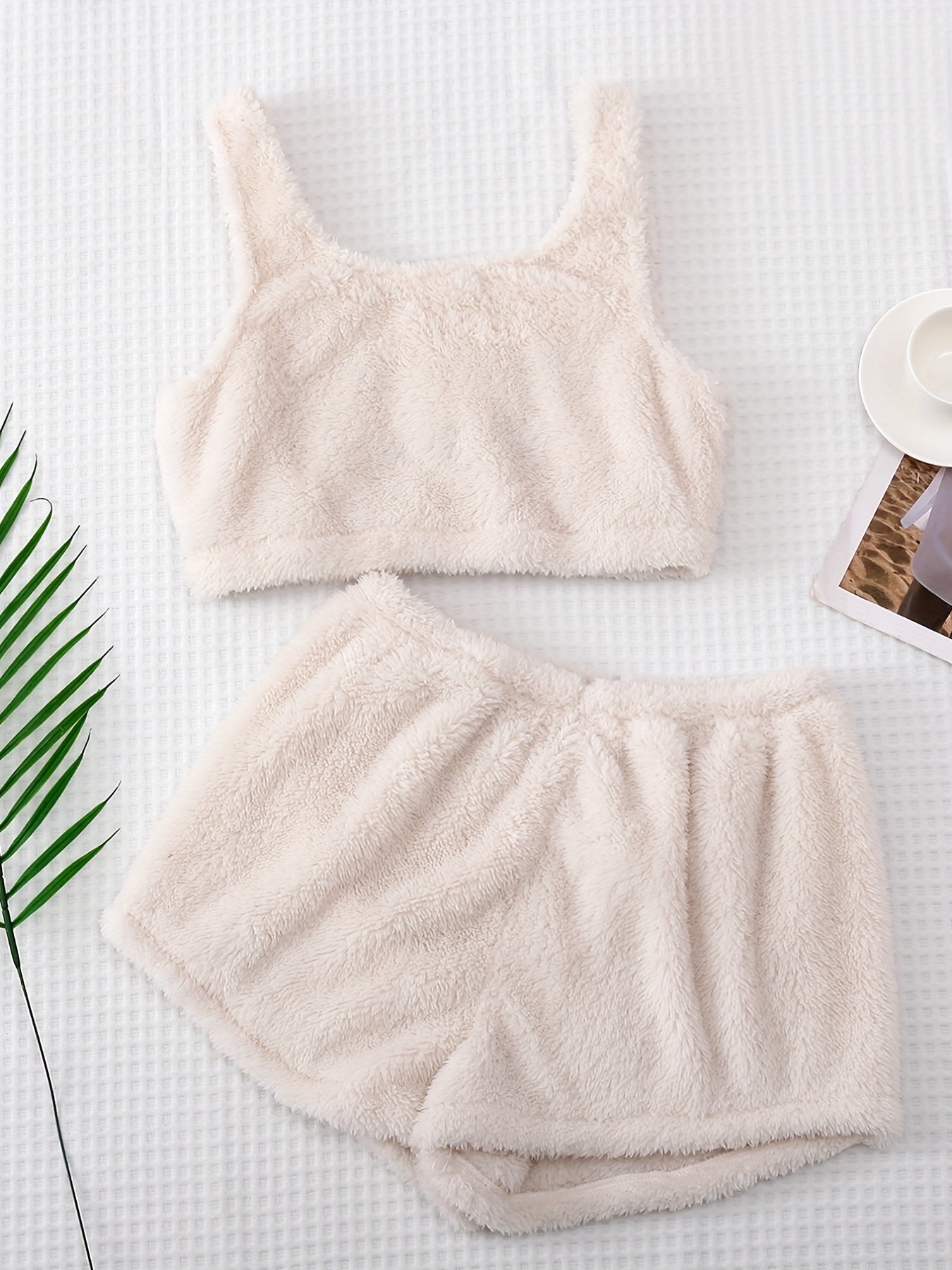 Cat Print Plush Pajama Set Tank Top & Shorts Women's Sleepwear