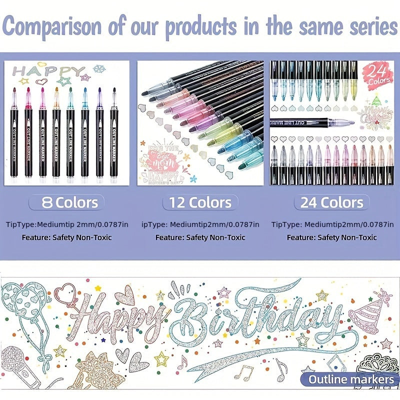 24 Colors Outline Markers for Scrapbook Photo Album Easter Eggs Crafts