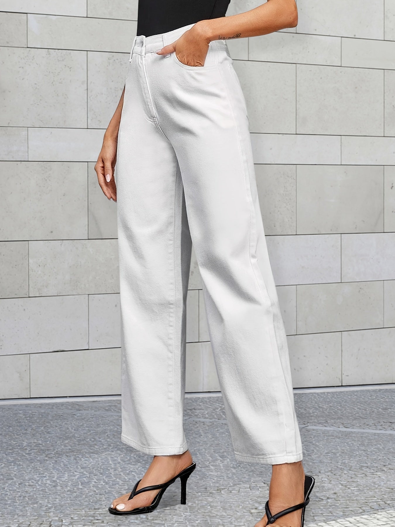 High Waist Wide Leg Jeans Slash Pockets Loose Fit High Rise Denim Pants