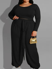 Solid Long Sleeve Crop Top & Wide Leg Joggers Outfit Set