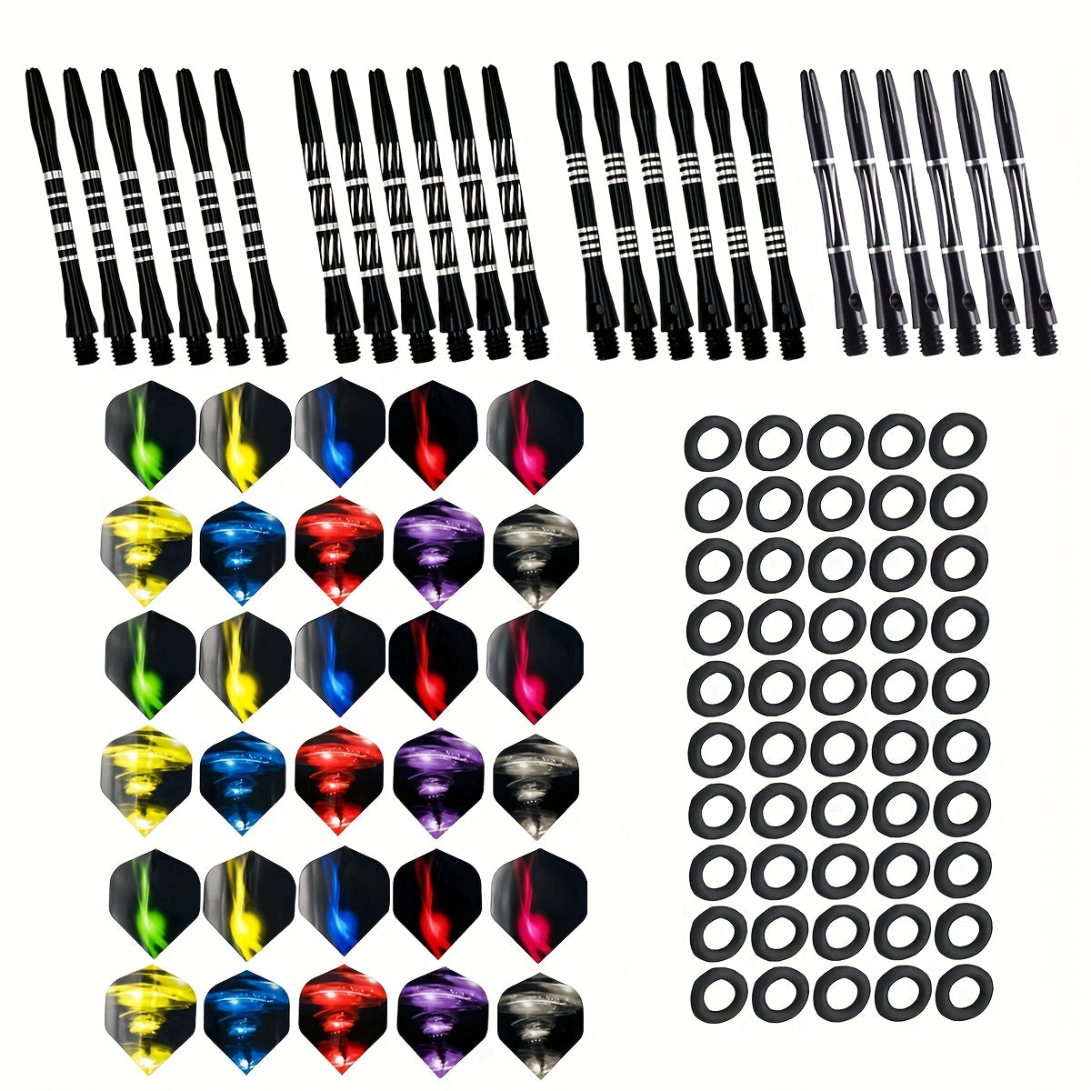 Dart Accessories Set With 24pcs Aluminum Rods, 30pcs Tail Wings, 50pcs O Rings