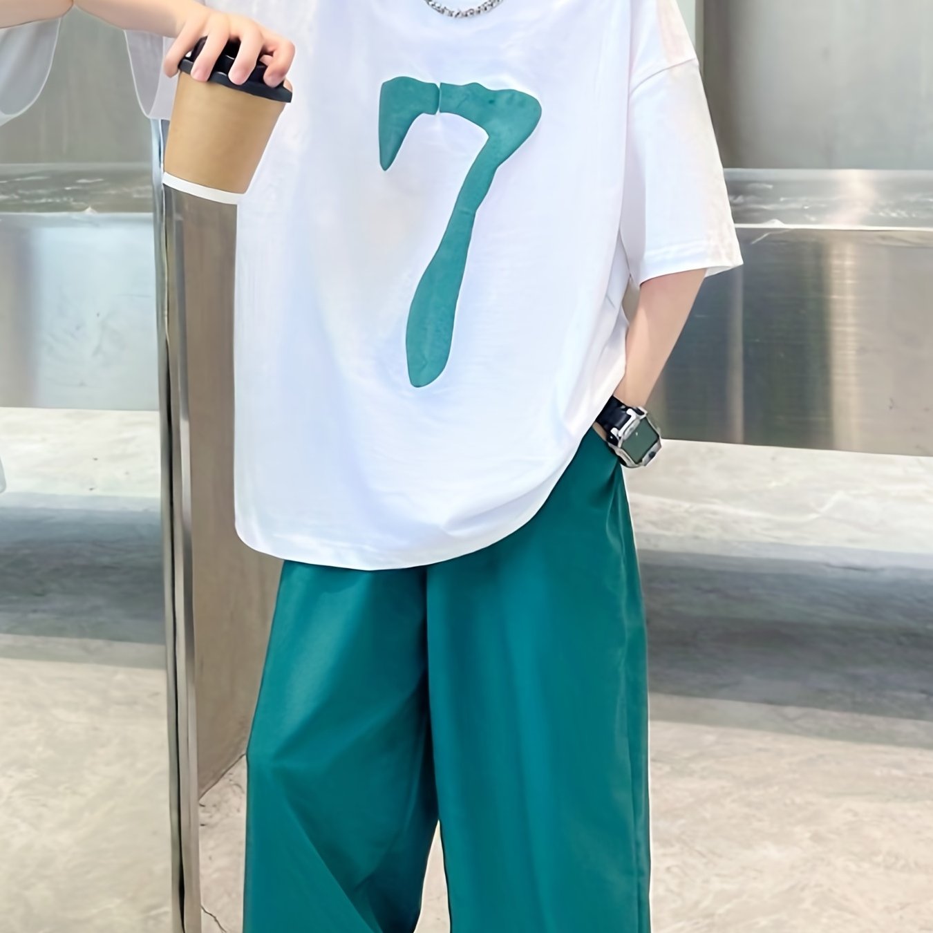 Boy's 2pcs T shirt & Pants Set Number 7 Print Short Sleeve Top Clash Casual Outf