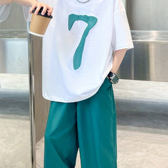 Boy's 2pcs T shirt & Pants Set Number 7 Print Short Sleeve Top Clash Casual Outf