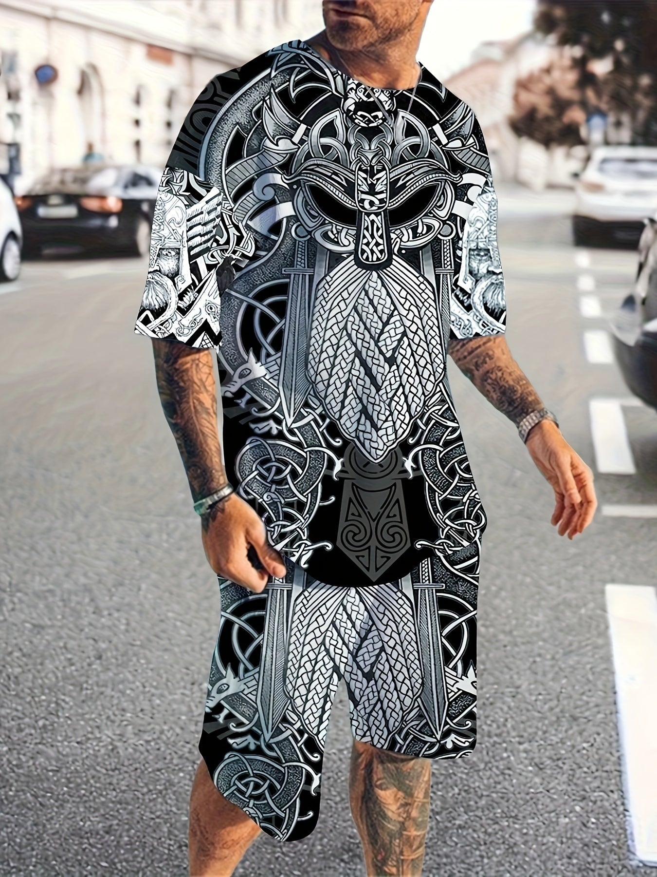 Men's 3D Print T-Shirt & Active Shorts Set for Fitness