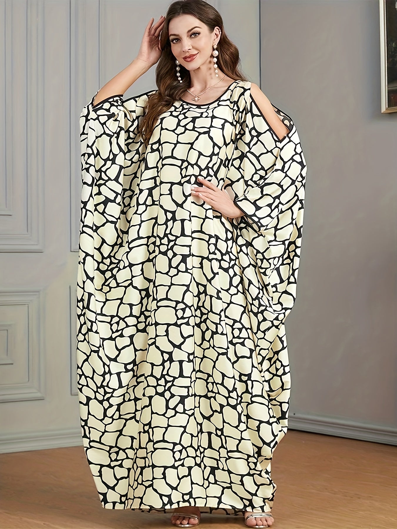 Plus Size Casual Kaftan Dress Women's Plus Allover Print Cold Shoulder