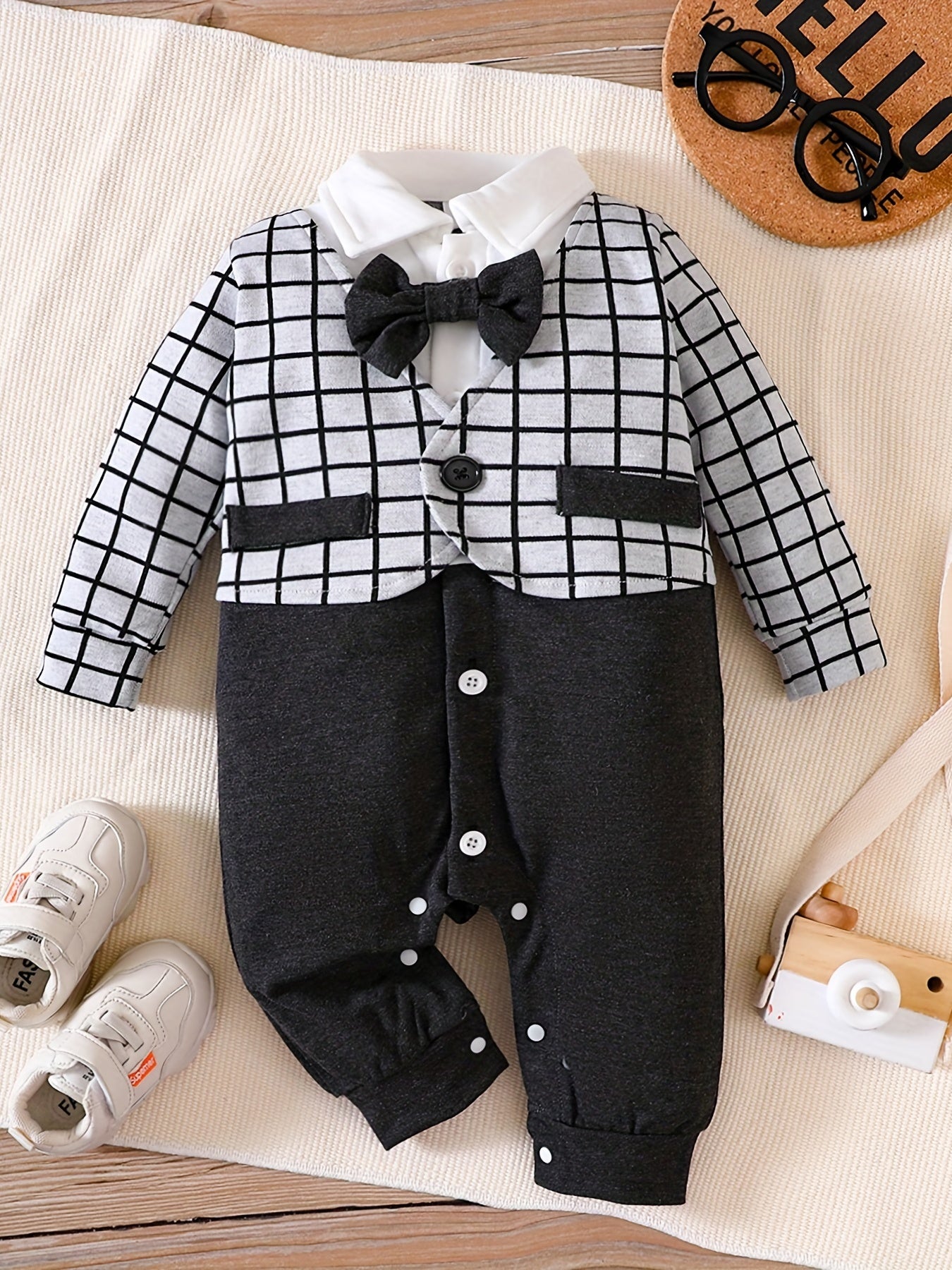 Infant Gentleman Style Romper Baby Boys Contrast Bow Tie Plaid Jumpsuit