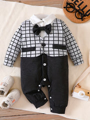 Infant Gentleman Style Romper Baby Boys Contrast Bow Tie Plaid Jumpsuit