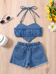 Girls Polka Dot Heart Halter Crop Top & Denim Shorts Set