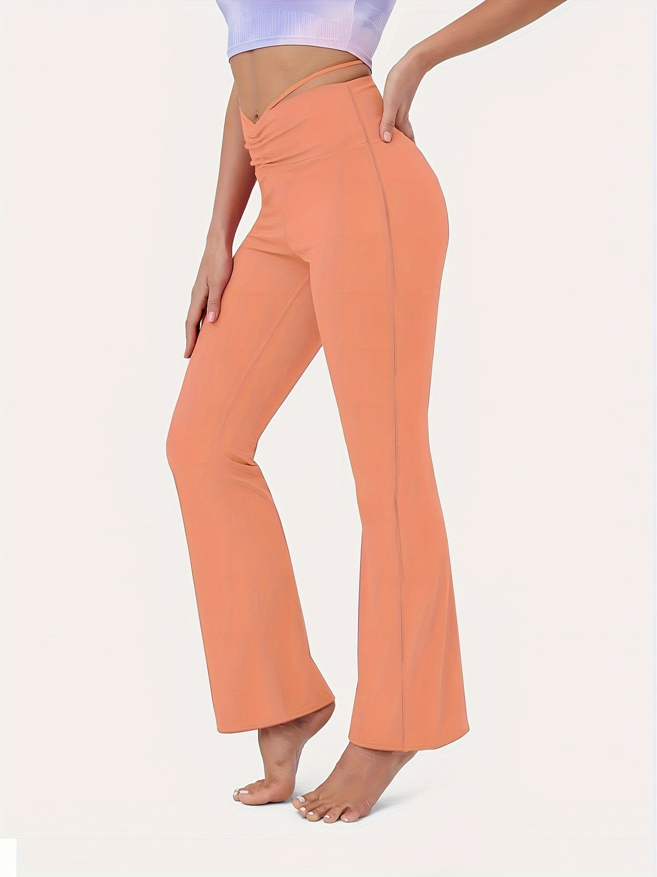 Solid Ruched Front Tie Back High Rise Flared Leg Yoga Leggings