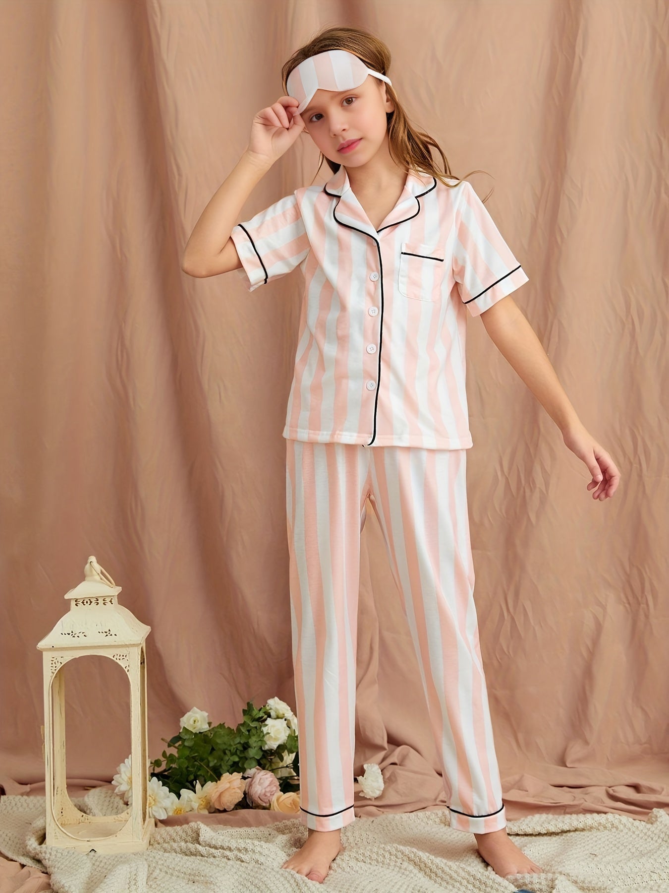 Kids Pajamas Striped V Neck Shirt & Pants Loungewear Set