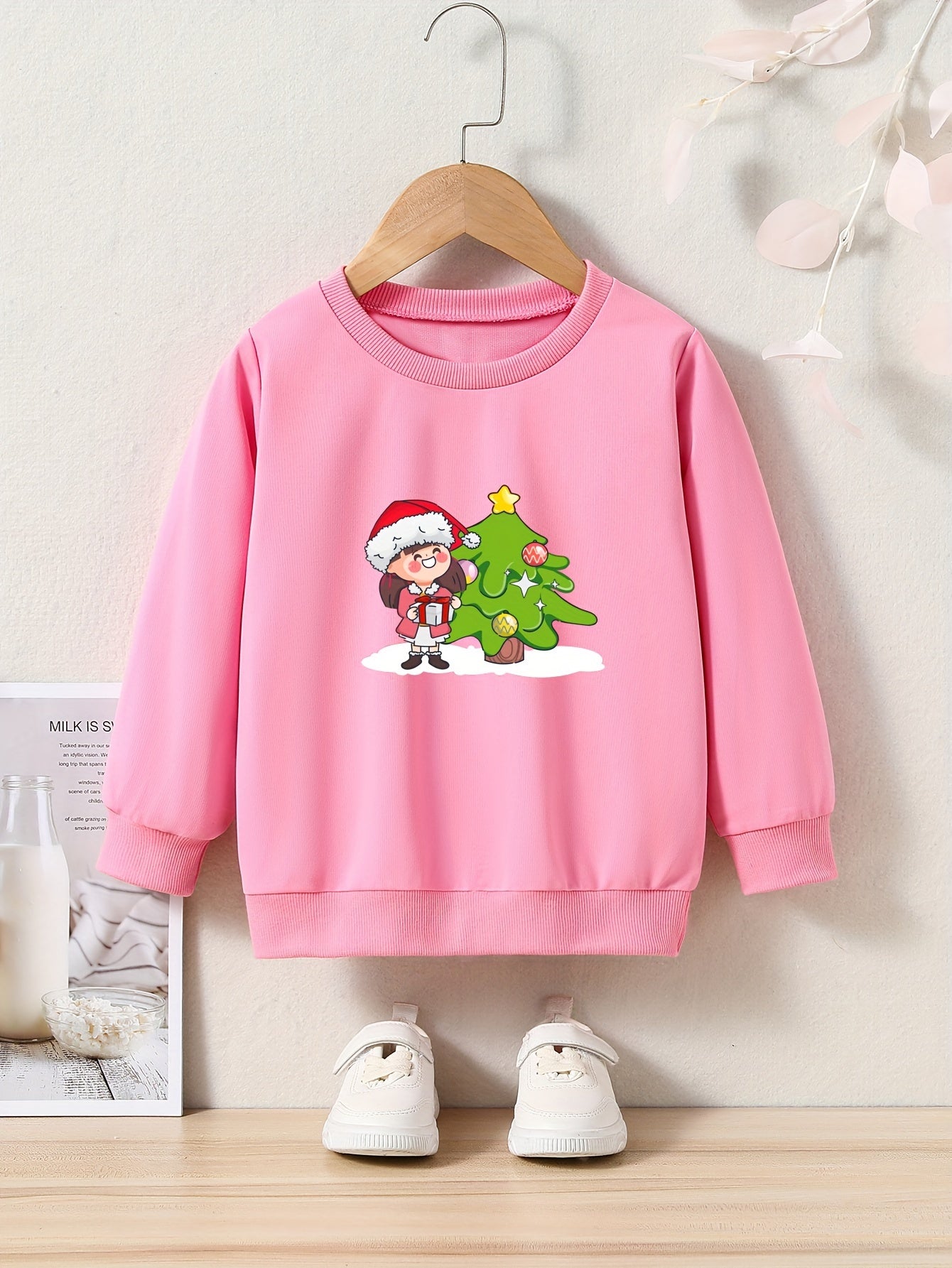 Christmas Girl And Tree Print Sweatshirt Long Sleeve Crew Neck Tops