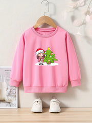 Christmas Girl And Tree Print Sweatshirt Long Sleeve Crew Neck Tops