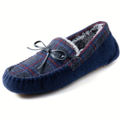 Men's Tassel Bow Tie Plaid Loafers With Fleece