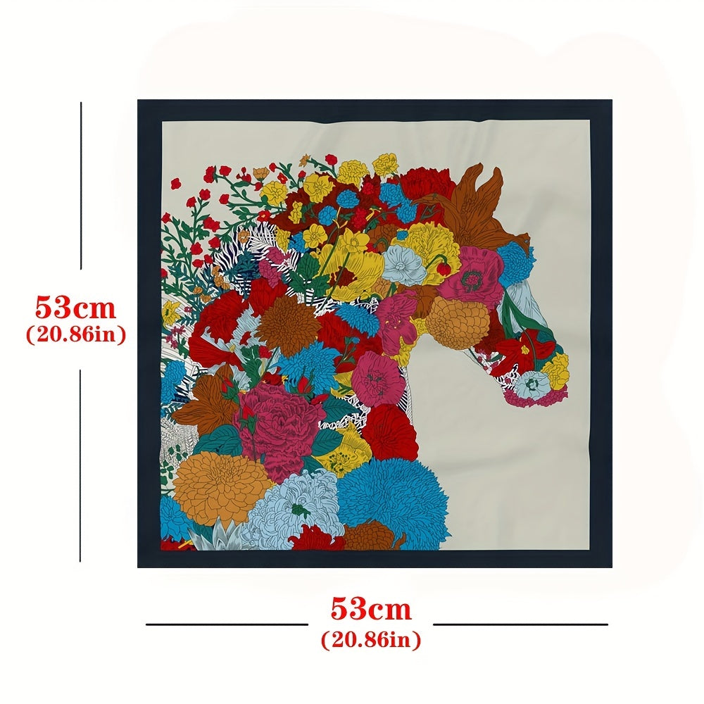 Horse Flower Print Satin Square Scarf Neckerchief Bandana for Women