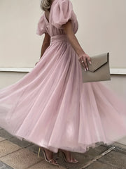 Plunging Wedding Dress Puff Sleeve Maxi Dress