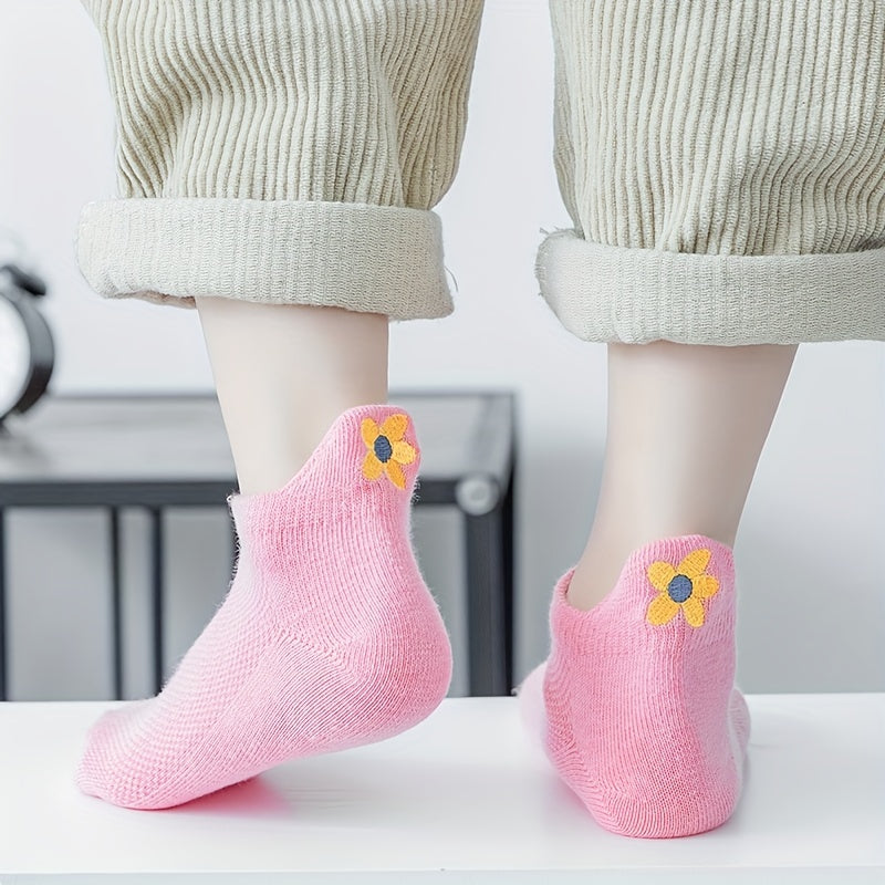 5 Pairs Girls Kids Flower Embroidered Ankle Socks for Spring Summer, Ages 1-11