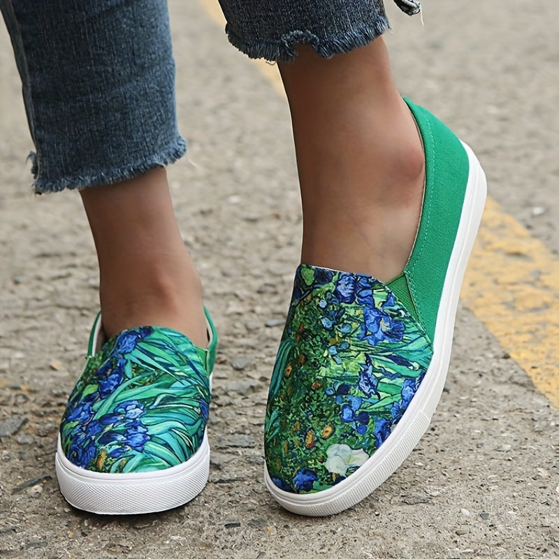 Women's Green Landscape Print Loafers Casual Slip On Canvas Shoes