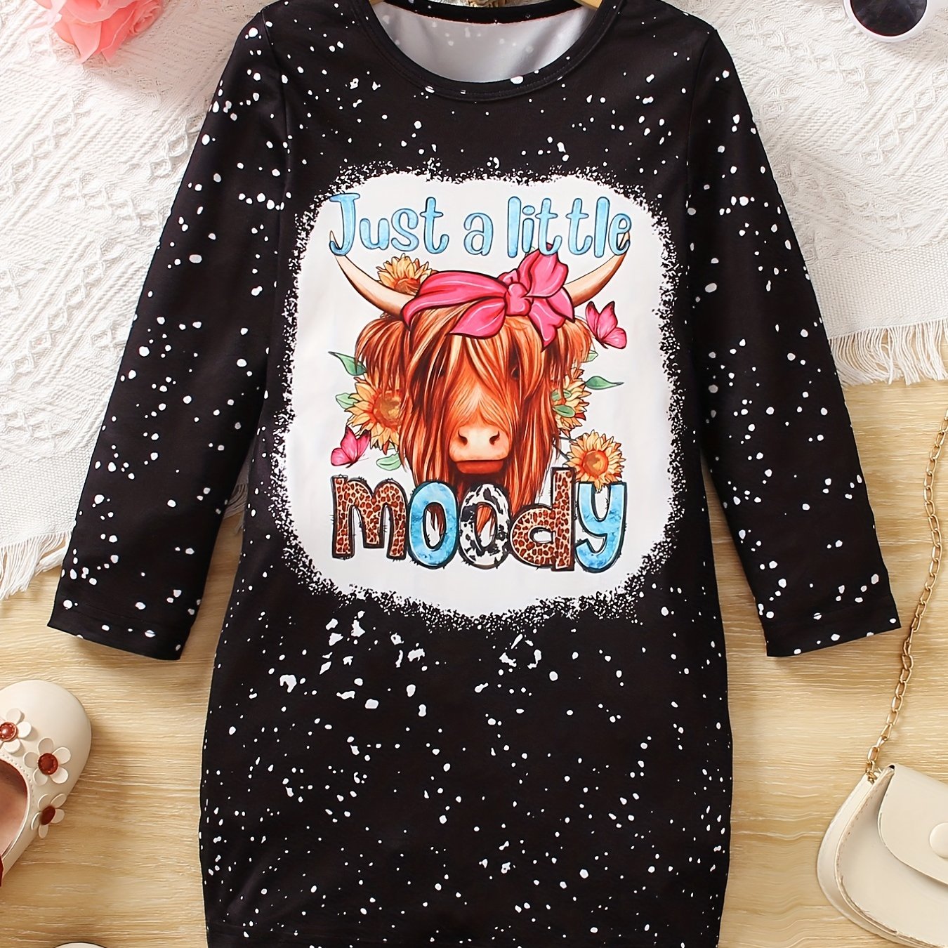 Stylish Cow Head Graphic Long Sleeve Dress For Girls
