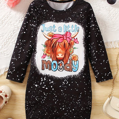 Stylish Cow Head Graphic Long Sleeve Dress For Girls