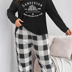 Halloween Pajama Set: Witch House Print Tee & Plaid Pants