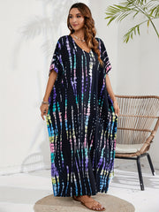 Boho Cover Up Tie Dye Striped Batwing Sleeve Maxi Split Dress