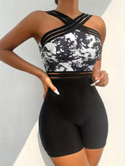 Criss Cross Neck Colorblock One Piece Swimsuit