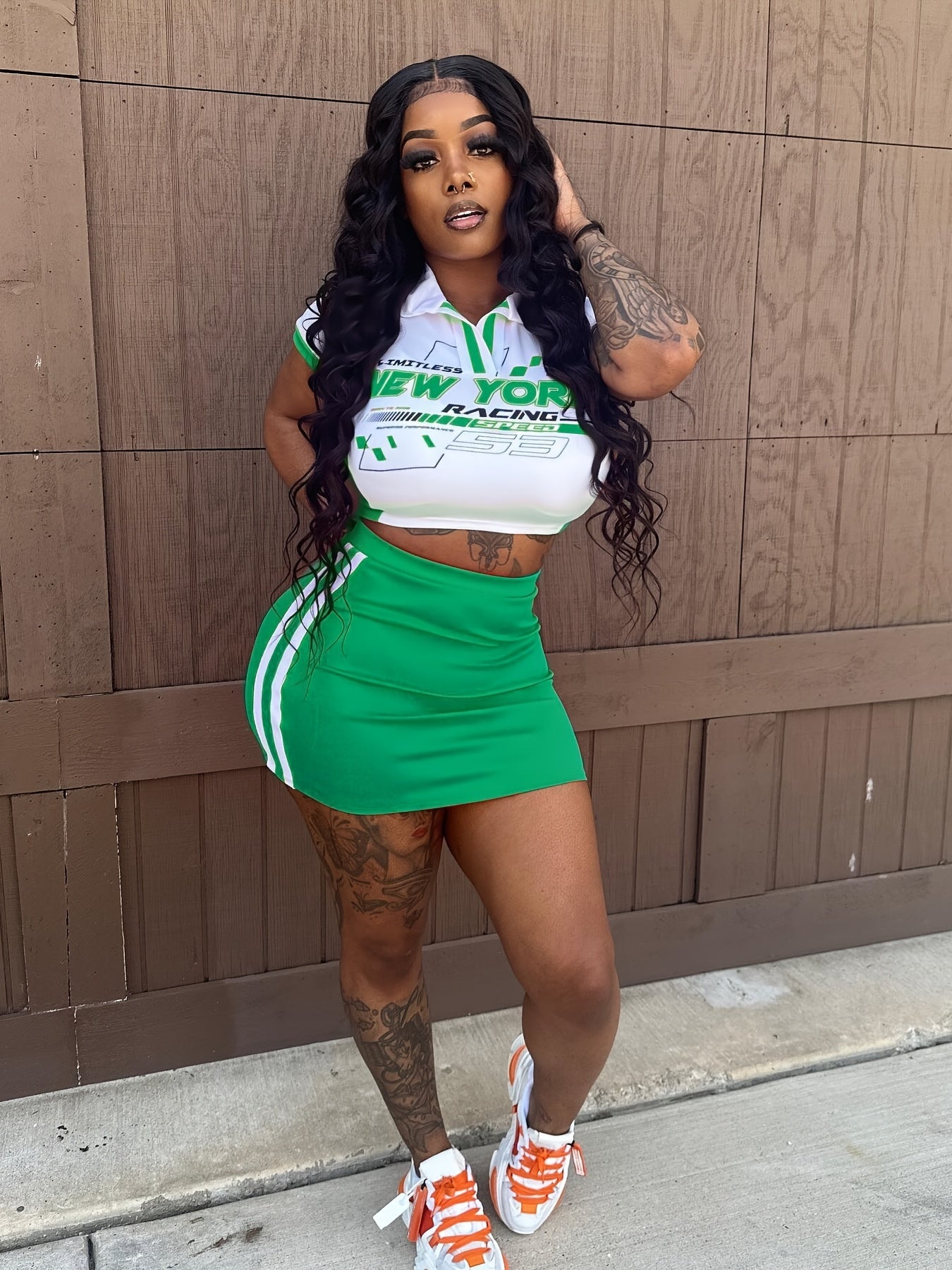 Letter Print Crop T-shirt & Striped Bodycon Skirt Two Piece Set