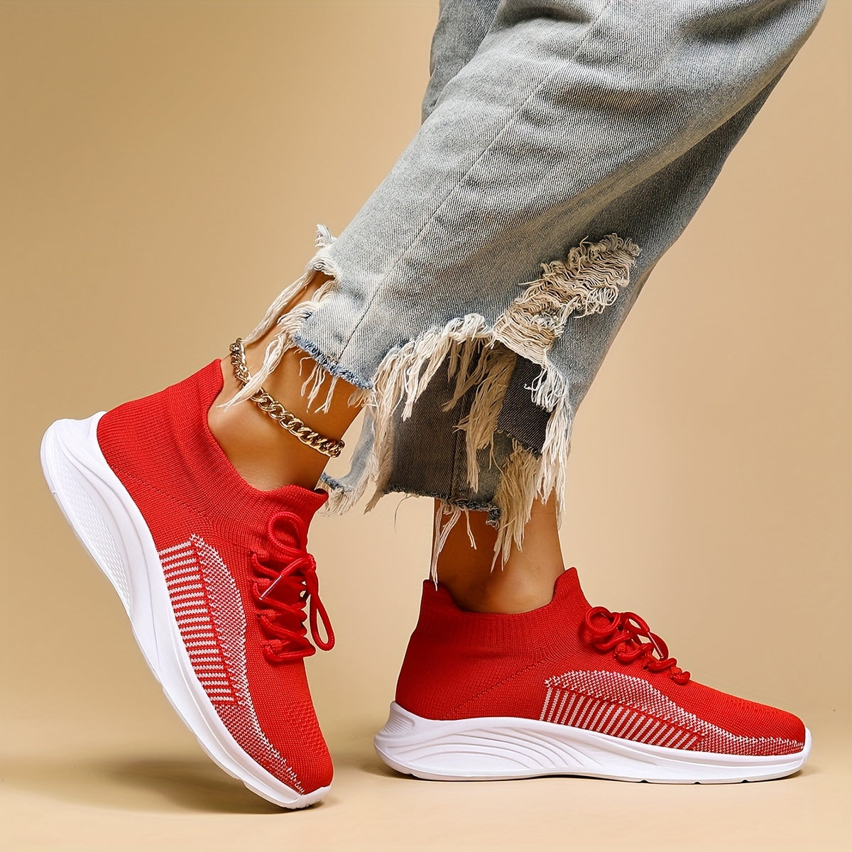 Women's Red Knit Sneakers Lightweight Low Top Lace Up Walking Shoes