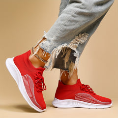 Women's Red Knit Sneakers Lightweight Low Top Lace Up Walking Shoes
