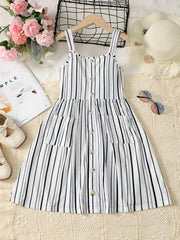 Girls Striped Button Front Summer Cami Dress with Pockets