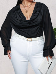 Sexy Mesh Sleeve Cowl Neck Bodysuit