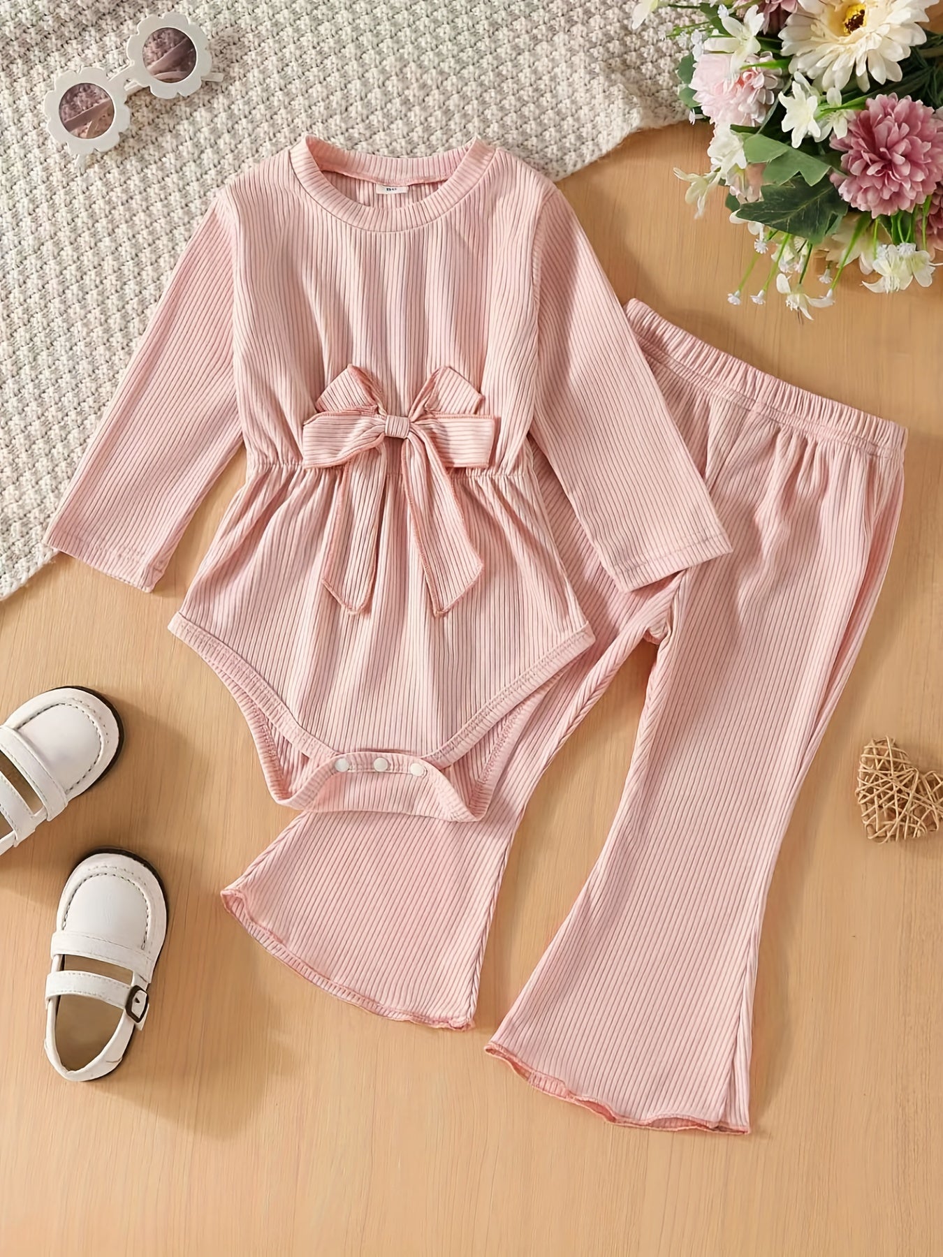 Baby Girls Stylish Bow Romper & Flared Pants Set