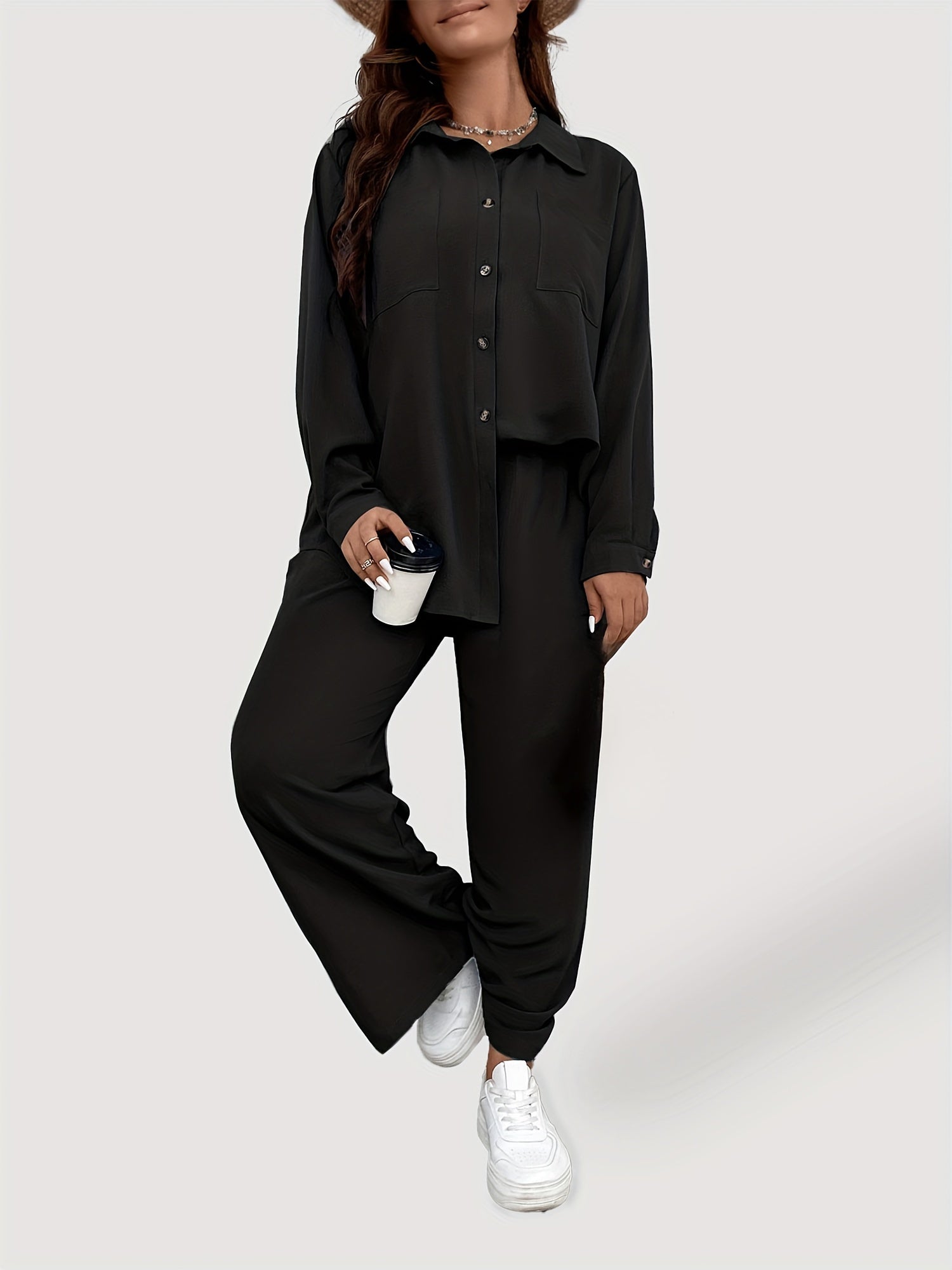 Solid Long Sleeve Button Up Shirt & Loose Pants 2 Piece Set