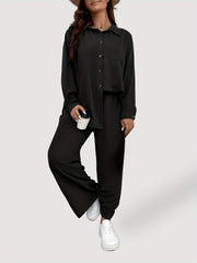 Solid Long Sleeve Button Up Shirt & Loose Pants 2 Piece Set
