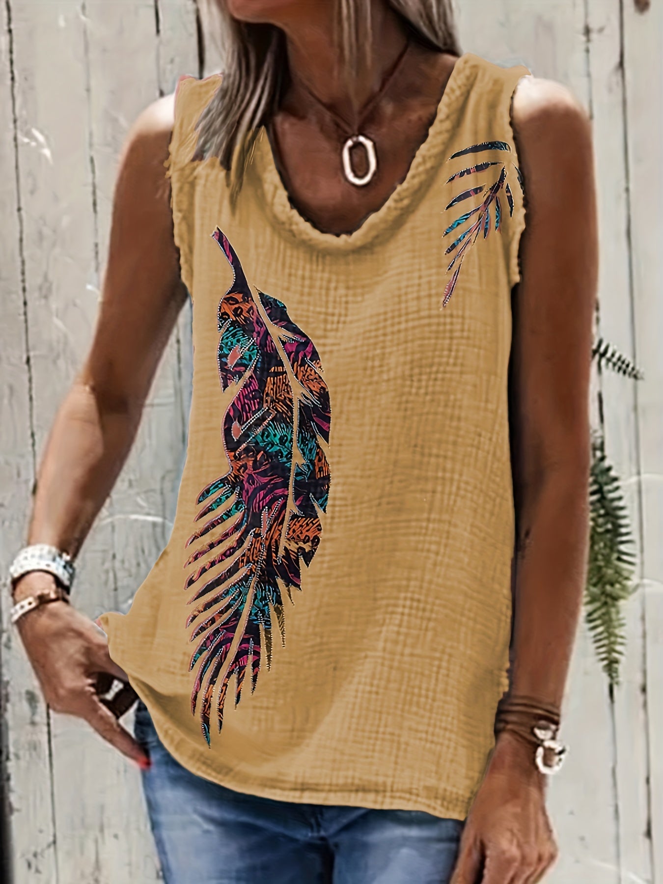 Western Feather Print Tank Top Sleeveless Crew Neck Casual Tops